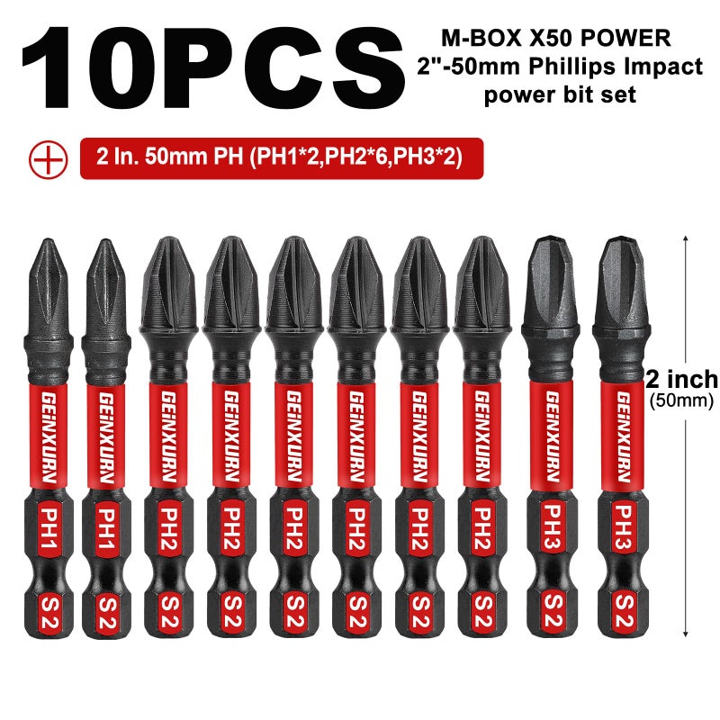 Geinxurn Impact Tough 2 in. (PH1/PH2/PH3) Screwdriver Bits Set 10 Pack Magnetic S2 Steel Phillips Power Driver Bits with Storage M-Box - Image 3
